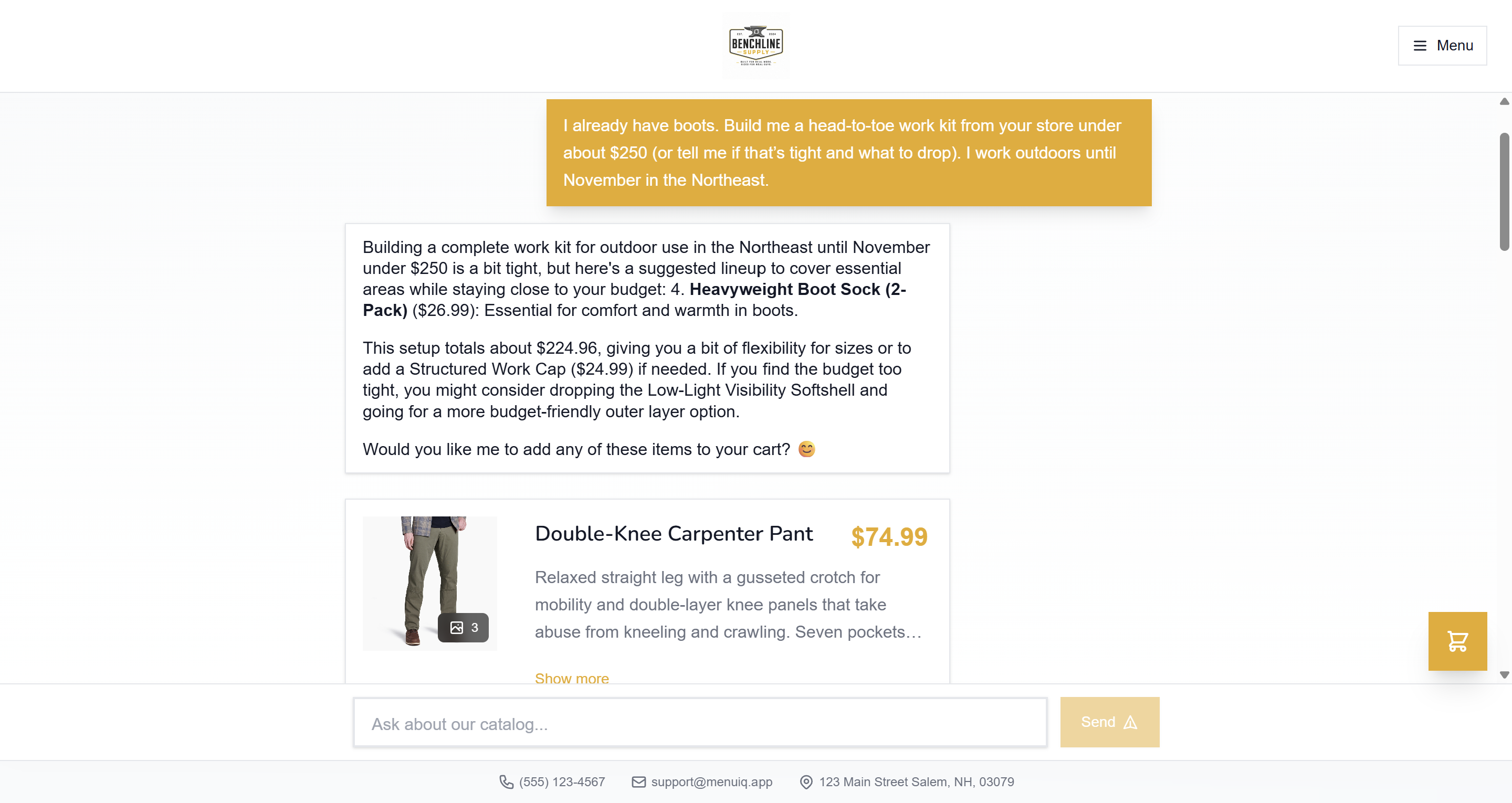 MenuIQ desktop storefront preview — Benchline Supply e‑commerce demo